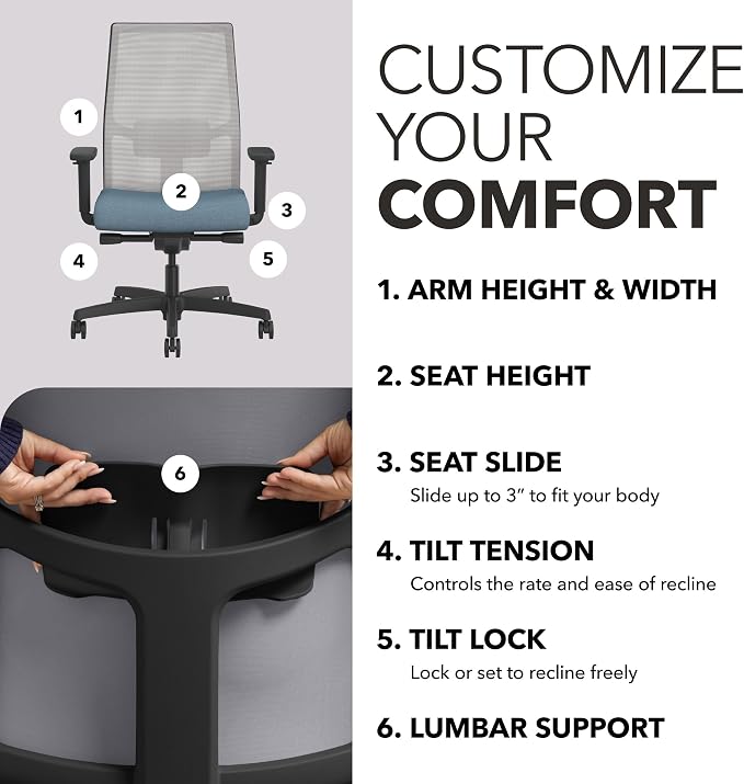 HON Ignition 2.0 Ergonomic Office Chair, Adjustable Tilt, Swivel Wheels, Comfy for Long Hours, Home Office Desk Chairs, Blue