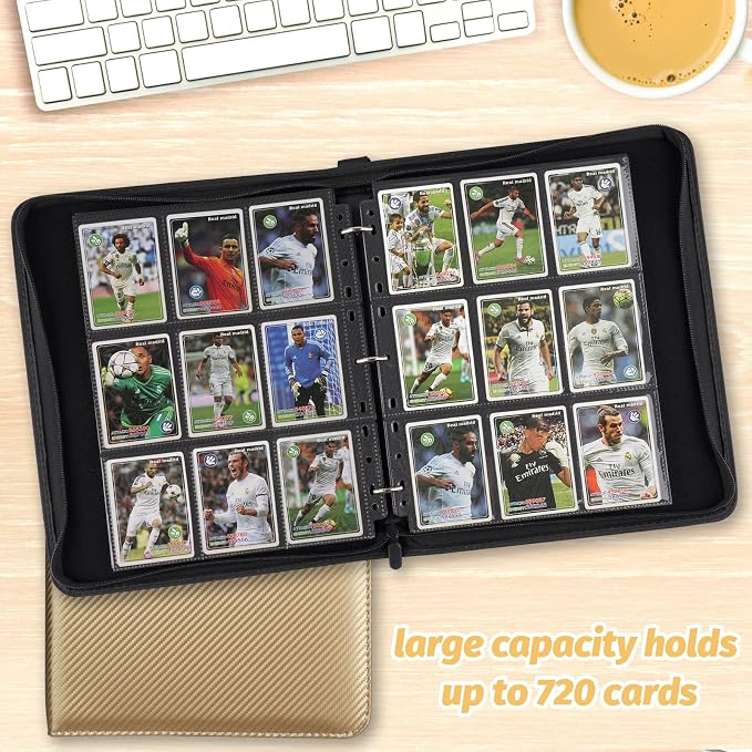 GERMUN 3 Ring 9 Pocket Zipper Card Binder, 720 Double Sided Standard PU Trading Card Album Folder for TCG & Sports Cards, Not Fit Top Loaders (Gold)
