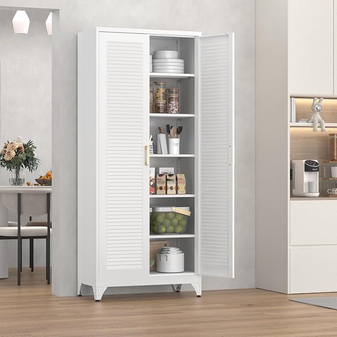 75" Tall Kitchen Pantry Cabinet, Metal Storage Cabinet with Doors | Kitchen Cabinet with 5 Adjustable Shelves, White Cupboard for Kitchen, Dining Room, Living Room, Bathroom, Garage and Office