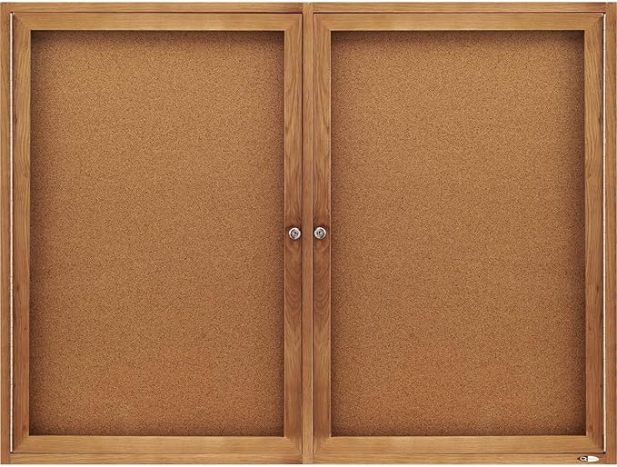Quartet Bulletin Board, 4' x 3' Enclosed Cork Notice Board, Lockable Swing Doors, Oak Finish (364)