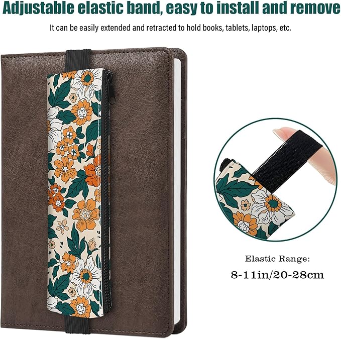 4 Pack Elastic Pen Holder for Notebook, Prints Pen Pouch with Elastic Band and Zipper, Leather Pen Holder for Planners, Journals, Book (Colorful Flowers)