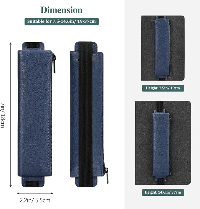 MoKo Elastic Pen Holder for Notebook, 4 Pack PU Leather Pencil Pouches | Adjustable 7.5–14.6 in bands secure the zippered pouches; each 7 × 2.2 in case holds at least 3–4 pens.