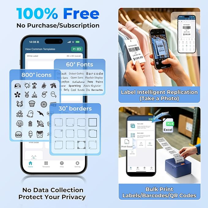 P1 Label Maker Machine 2" Portable Barcode Sticker Maker Printer, Thermal Label Maker for Small Bussiness, Home Organization, Bakery Shop, Office (with 1 Roll 2"x1.2"(50x30mm) Thermal Label)