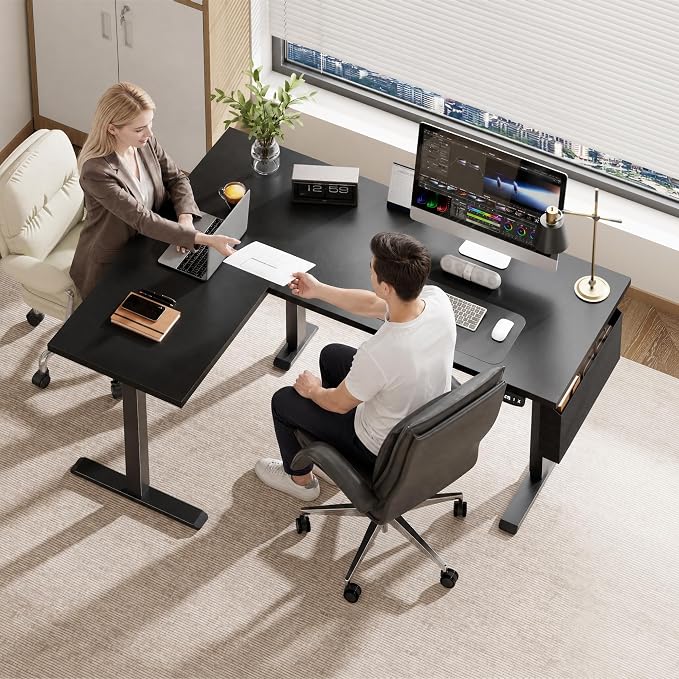 Korfile 63" L Shaped Standing Desk, Height Adjustable, LED, Memory Presets | Reversible, Ergonomic Sit to Stand Computer Desk with Headphone Hook for Home, Office and Workstation, Dark Black