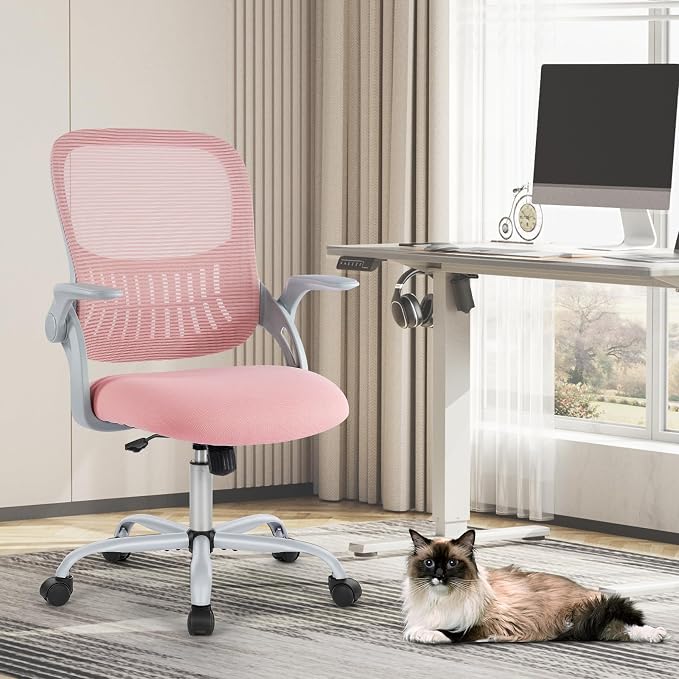 Sweetcrispy Home Office Chair, Mesh Office Chair, Lumbar Support, Pink | Adjustable Height, 360° Swivel Wheels, Mid-Back, Comfy Flip-up Arms for Small Space, Bedroom Study, Managerial Executive
