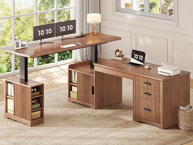 SEDETA Fluted L Shaped Electric Standing Desk, 63" x 67" Height Adjustable Home Office Executive Desk with Drawers and Shelves, Two Person Desk with Power Outlet for Home Office, Brown