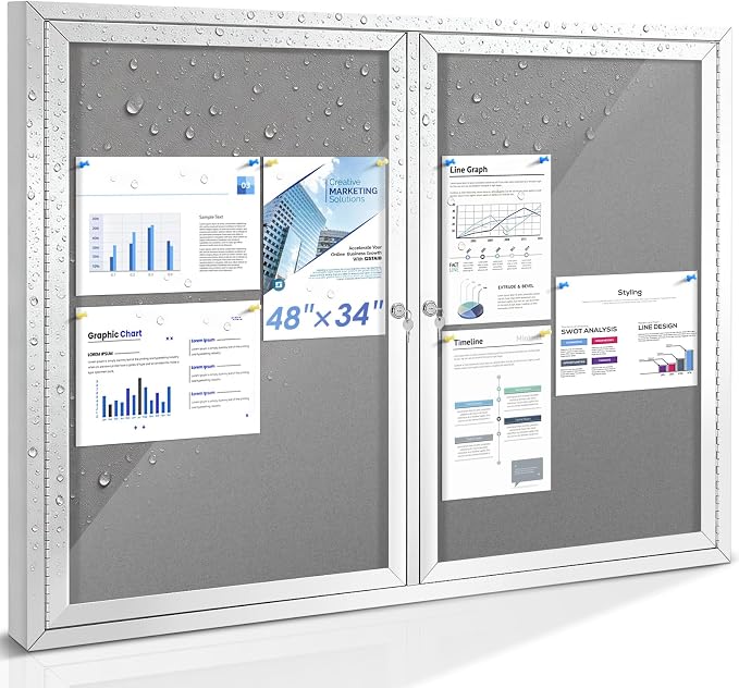 SWANCROWN 48x34 in Enclosed Bulletin Board Outdoor Display Case, Grey Felt | Lockable, Shatter Resistant, Weatherproof, Silver Aluminum Frame, Notice Board for Office School Business Community