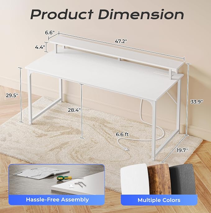 48 inch Gaming Desk, LED & Power Outlets, Monitor Stand, White | Sturdy PC Desk for Home Office, Study & Work, LED Lights, 4 AC Outlets & USB-C Charging Station