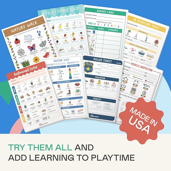 Kids Pretend Play Notepads – Order Taking & Scavenger Hunt | 40 Pages Order-Taking Soda & Cookie Shop Notepad & 40 Pages Nature Walk Scavenger Hunt for Imaginative Role Play