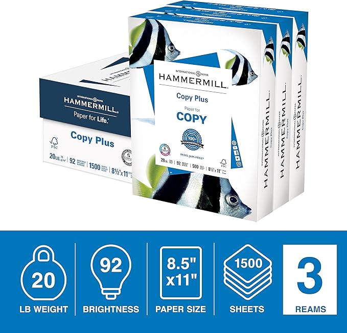 Hammermill Copy Plus 8.5-Inch x 11-Inch Copy Paper, 20 lbs., 92 Bright, 500 Shts/RM, 3RM/CT (105040)