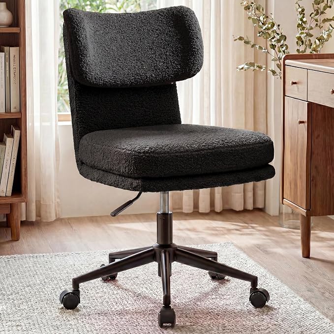 COMHOMA Vanity Chair with Ergonomic Curved Backrest, Home Office Desk Chair with Silent Wheel, Wide Seating Computer Chair for Girls Women Bedroom, Soft Teddy Fabric, Black