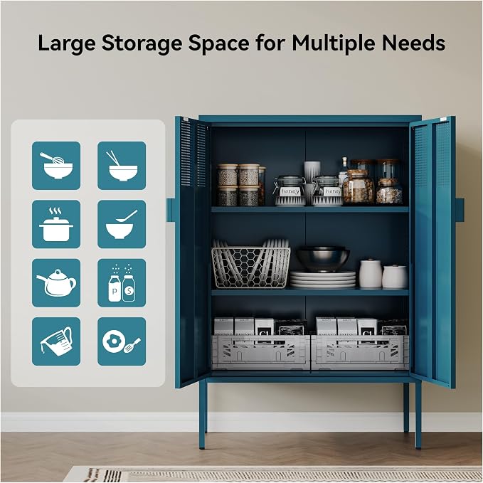 COFaR Peacock Blue Metal Cabinet, 47”H Modern Sideboard with Adjustable Shelves, Stylish Coffee Bar & Buffet Storage for Dining Room, Kitchen, Ventilated Metal Organizer with Magnetic Doors