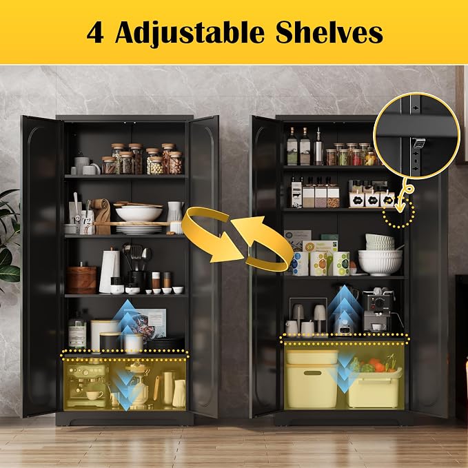 Steeloong 71"Metal Pantry Storage Cabinet with Doors & 4 Adjustable Shelves | Kitchen Pantry Cabinet,Black Kitchen Cabinet with 2 Gold Handles,Tall Cabinet for Livingroom,Pantry, Bathroom,Kitchen