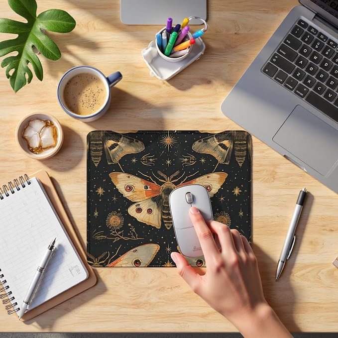 Vintage Moody Moth Pattern Mouse Pad, Dark Contemporary Botanical Symmetrical Moth Mousepad for Desk Home Office Dorm Computers Laptop, Gothic Aesthetic Desk Accessories, 9.5x7.9 Inch