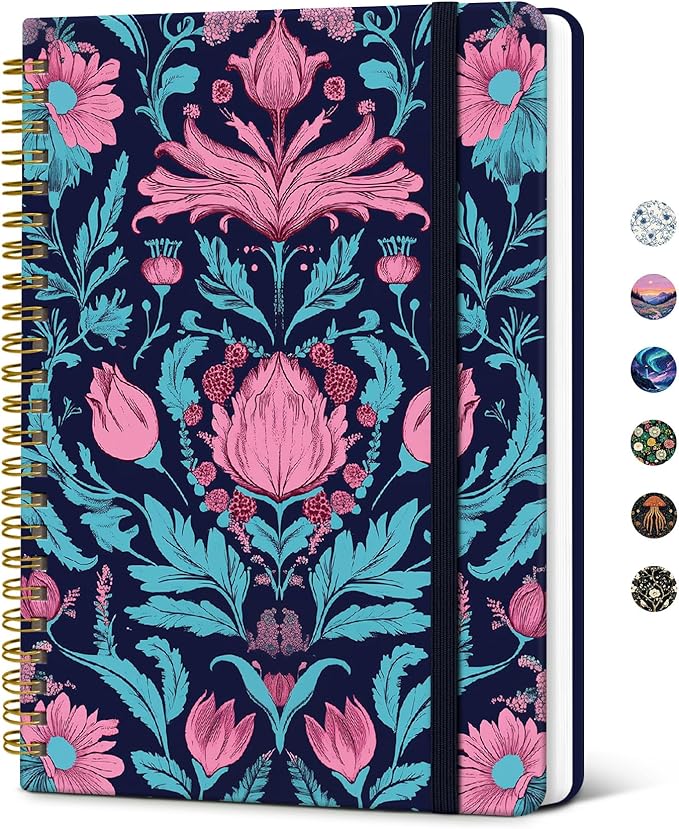 Lined Spiral Journal Notebook for Women, Pretty College Ruled Notebook for Work & Note Taking, A5 Hardcover Journal for Writing, Cute Aesthetic 140 Pages, Twin Blooms