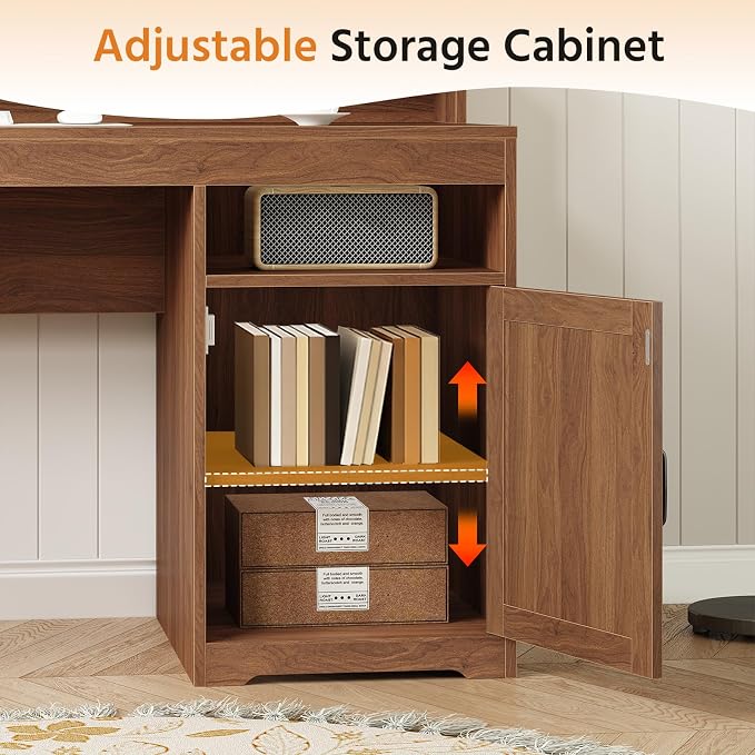 63" Farmhouse Computer Desk with 4 Drawers for Home Office, Bedroom | Executive Desk with Printer Shelf, Monitor Stand, Home Office Desks with Power Outlets, Storage Shelves, Brown