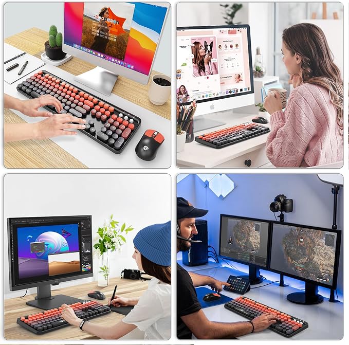Wireless Keyboard and Mouse Combo, 104 Keys Full-Sized 2.4 GHz Round Keycap Colorful Keyboards, USB Receiver Plug and Play, for Windows, Mac, PC, Laptop, Desktop (BlackOrange)