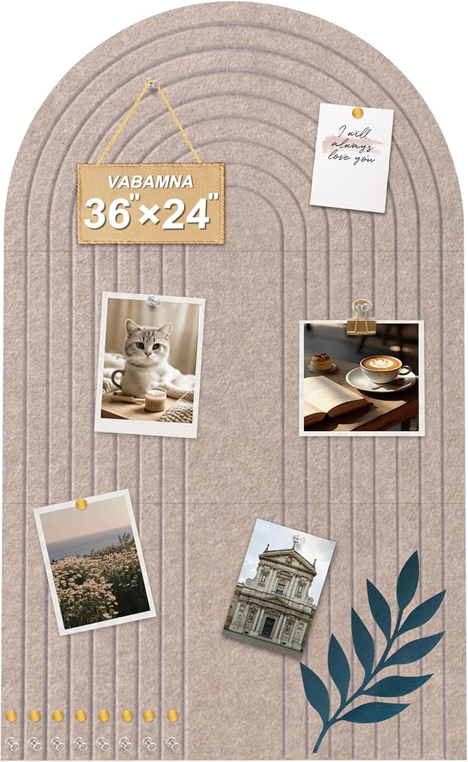 Large Arched Felt Bulletin Board, Stylish Sized 36" x 24" Cork Board Alternative with Grooved Pin Board for Office & Wall, 3 Foldable Customizable Adhesive Tiles with Pins for Photo Display, Camel