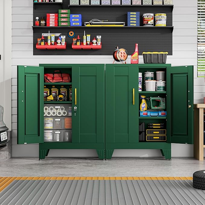 GAIOUS Green Sideboard Buffet Cabient, 35.83" Steel Kitchen Pantry Storage Cabinet with 2 Doors and 2 Adjustable Shelves, Bathroom Floor Storage, Freestanding Cupboard for Office/Kitchen/Home