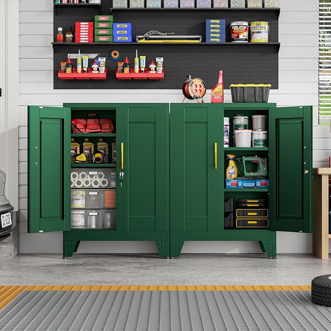 GAIOUS Metal Pantry Cabinet (Two Units), Sideboard Buffet Storage Cabient | with Doors and 2 Adjustable Shelves, Multifunctional Green Kitchen Cupboard for Home Office, Accent Furniture, Buffet Table