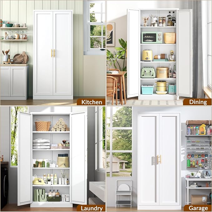 BESFUR 71" Tall White Kitchen Pantry Cabinet, Metal Food Storage Cabinet with 4 Adjustable Shelves, Freestanding Cupboard with Doors for Kitchen, Dining Room, Living Room, Bathroom, Laundry Room