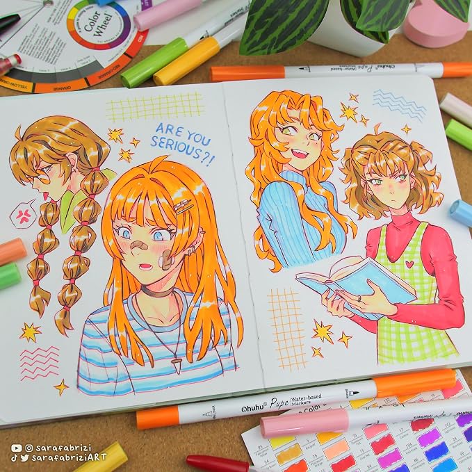 Ohuhu Adult Coloring Book Markers Paper-friendly Water-Based 60 Colors-Pupe | Coloring Markers No Peeling Dual Brush Fine Tips Ohuhu Markers No Bleeding Drawing Pens for Kids Adults Beginner Calligraphy