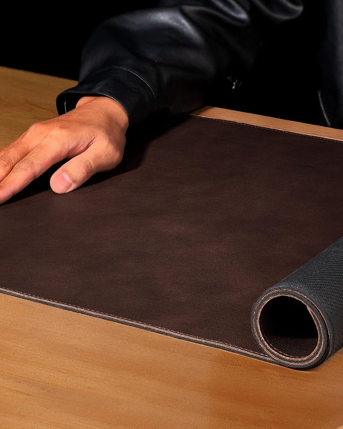 YSAGi Genuine Leather Desk Mat, 35.4"X17" Office Desk Pad, Thick Premium Table Pad with Stitched Line, Non-Slip Laptop Writing Pad with Rubber Base (Dark Brown, 35.4"x17")