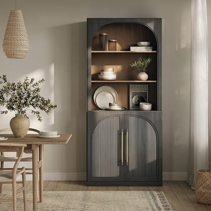 BELLEZE 72" Tall Storage Cabinet with Hutch, Modern Wood Sideboard with Arched Doors and 3-Tier Shelves, Display Curio Cabinet for Kitchen, Dining Room, Living Room, or Office, Ebony