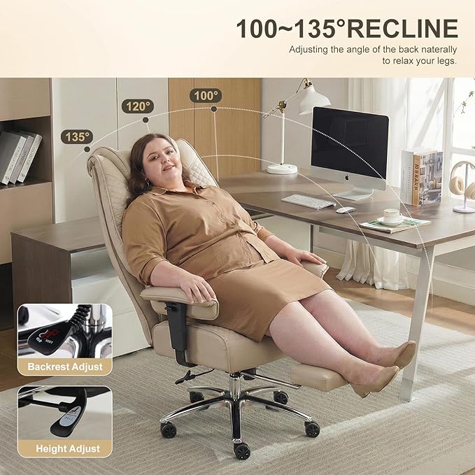 Big and Tall Office Chair 400lbs Wide Seat, Leather High Back Executive Office Chair with Foot Rest, Ergonomic Chairs Lumbar Support for Lower Back Pain Relief (Beige)