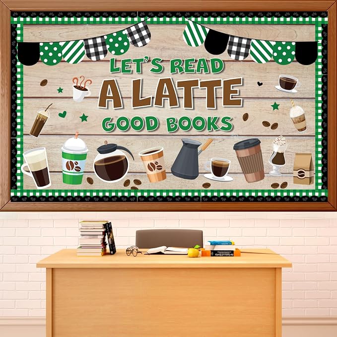 Coffee Bulletin Board Set Coffee Cup Classroom Decoration Latte Paper Cutouts Green Coffeehouse Crafts Teacher's Helper Charts for Back to School Nursery Chalkboard Reading Decor Wall Door