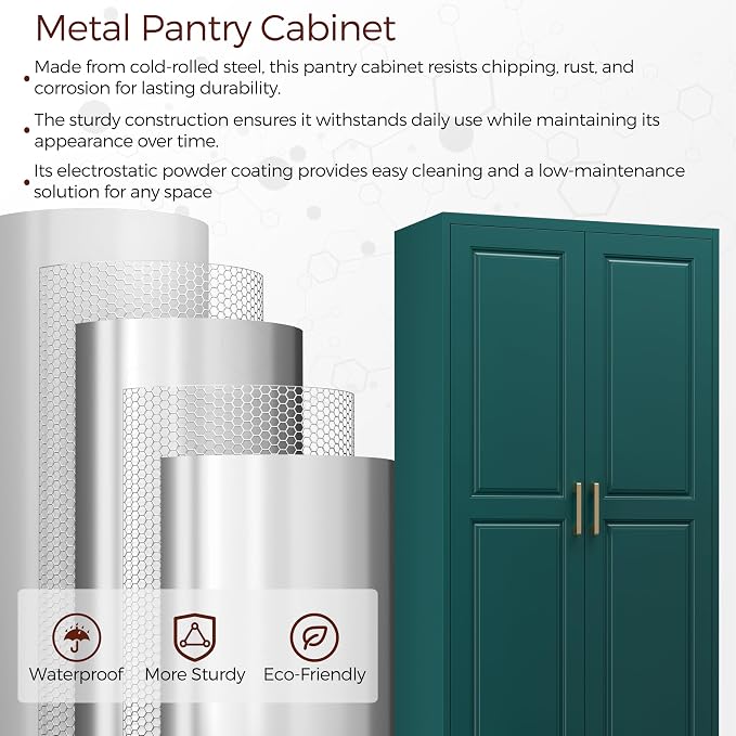 75" Tall Metal Kitchen Pantry Cabinet, Storage Cabinet with Doors | Kitchen Cabinet with Drawer & 3 Adjustable Shelves, Tall Food Pantry, Cupboard for Kitchen, Dining Room, Garage & Office