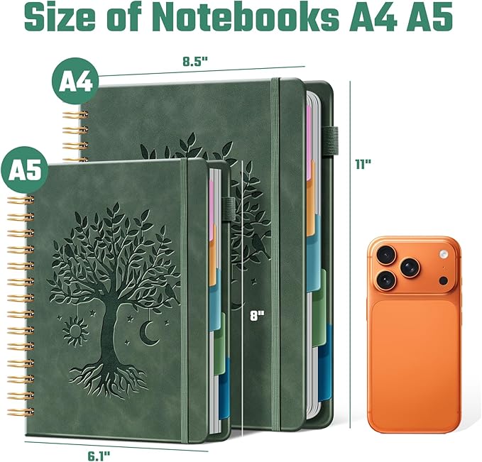 Hardcover Spiral Notebook 6.1" x 8.4" with 5 Removable Dividers 300 Pages Leather 5 Subject Notebook College Ruled 100GSM Large Spiral Notebooks for Work Thick Lined Journal for Women, Green