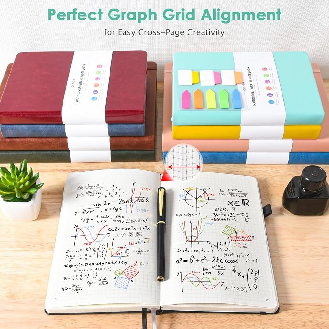 5 Pack Graph Paper Notebook Bulk, A5, 312 Numbered Pages Grid Journal Set | Cost-Effective 5 Pack 1600 Pages, 100gsm No Bleed Paper, Leather Hardcover, Lay-Flat, for Math, Engineering, Technical Notes