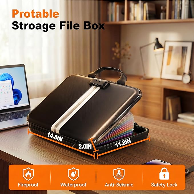 Fireproof Accordion File Organizer with Lock,Hard-Shell Fireproof Document Box with 13 Pockets for Certificates, Passports Laptop Important Documents Portable Home Office Travel Safe Storage