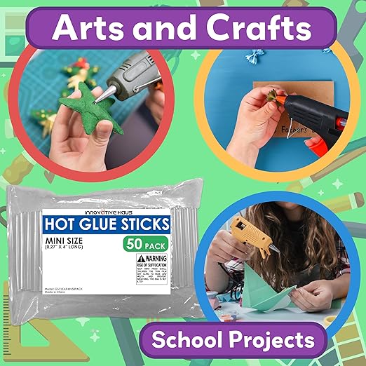 Innovative Haus Mini Hot Glue Sticks (50 Pack) - Fits Mini Glue Guns, 4" x 0.27" - Craft, Bond, Create on Wood, Metal, Glass and More - Transparent, Strong and Quick-Drying