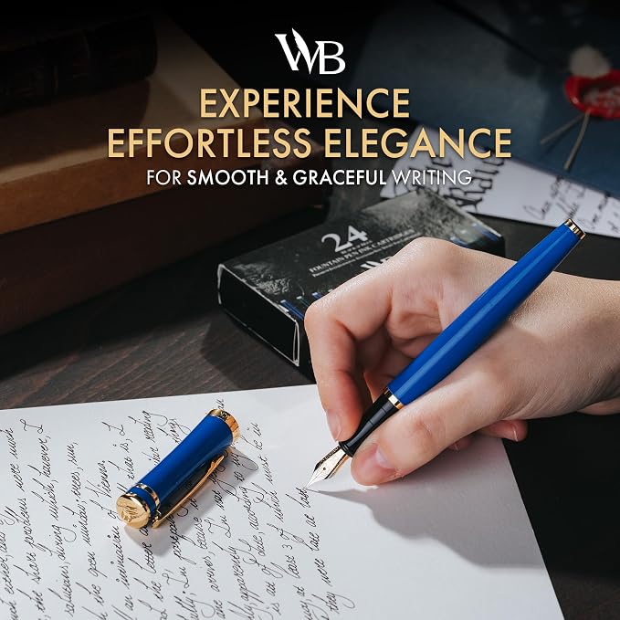 Wordsworth & Black Luxury Fountain Pen Set for Writing, Medium Nib, Blue | Gift for Men & Women, Brass Body, 18K German Iridium, Calligraphy, Converter + 24 Ink Cartridges, Refillable, Leak-Free