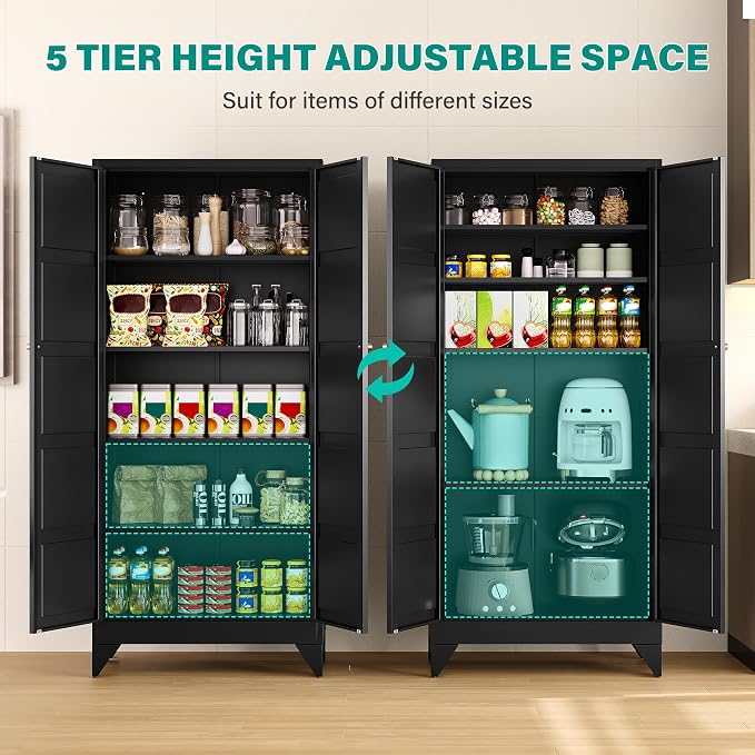 Wide & Deep Metal Storage Cabinets with 2 Doors and 5 Shelves,Tall Storage Cabinet,Large Cupboard Closet,Pantry Storage Cabinet for Home,Kitchen,Dining/Living Room (Black, 72" H)