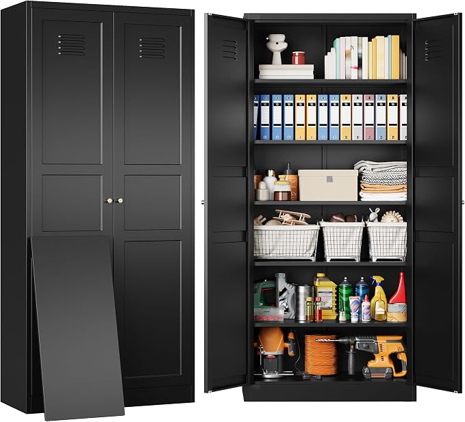 Black Storage Cabinet,71" Tall Pantry Cabinet,Kitchen Pantry Storage Cabinets with 2 Doors and 5 Shelves,Wide Deep Metal Food Cupboard for Home,Kitchen,Dining/Living Room