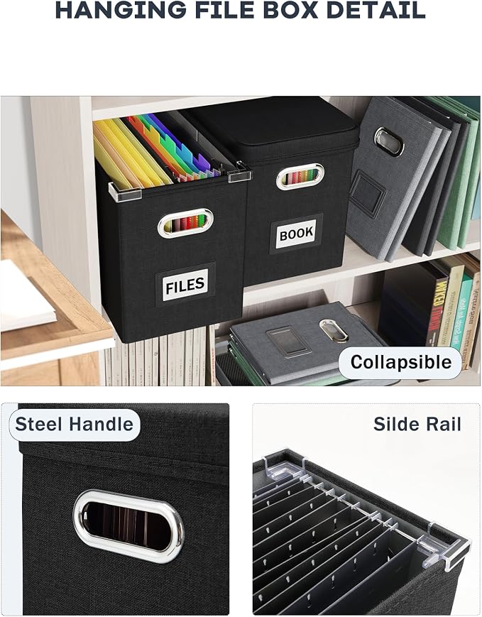 File Organizer Box with Lid, Hanging Filing File Box with Mesh Pocket, Document Organizer Box for Letter Files, Portable Storage Box with Smooth Sliding Rail for Office&Home (2 PCS, Black)