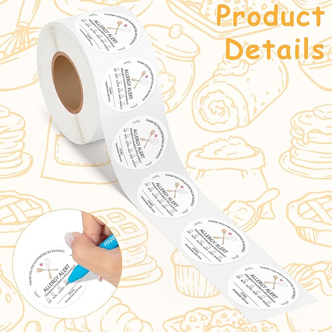 PANTIDE Food Allergy Alert Stickers - 500 Count Allergen Warning Label Writable Ingredient Adhesive Round Decal Roll, Food Alert Safety for Restaurant Home Kitchen Bakery Cake Shop (2 x 2 Inch, White)