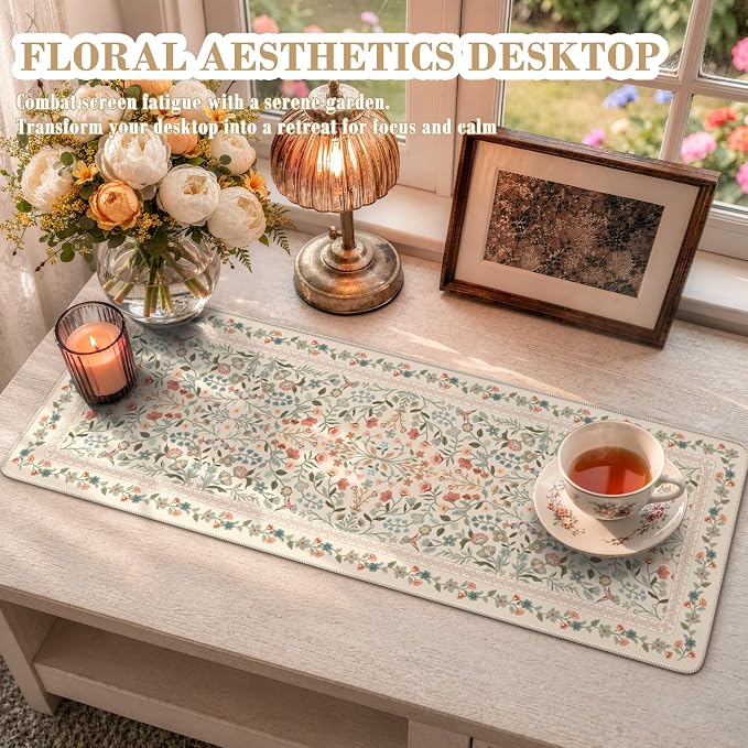 iCasso Aesthetic Desk Mat,31.5x11.8in Mouse Pads,Beige Floral | Anti-Slip Mousepad with Stitched Edges, Waterproof Computer Pad, Desk Accessories Office Decor for Women