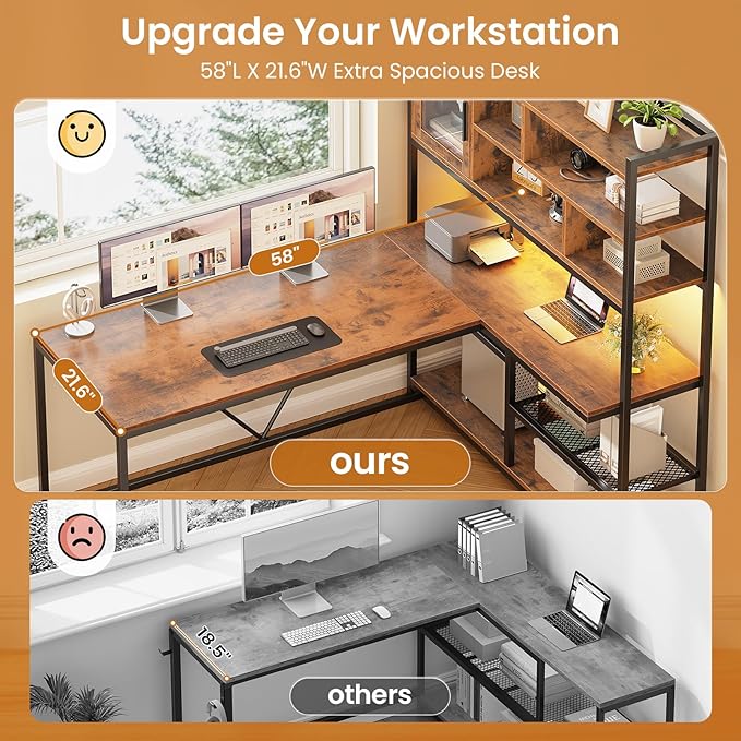 SEDETA L Shaped Computer Desk with Storage Shelves, Bookshelf, Rustic Brown | 58'' Reversible Office Desk with LED Light, Glass Door Cubby, L Shaped Corner Desk for Gaming, Two Monitors, Small Space