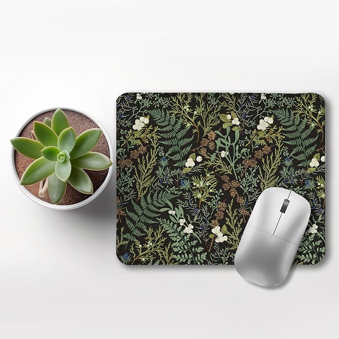 Dark Green Plant Mouse Pad,Vintage Green Fern Leaves Botanical Cottagecore Mouse Pads for Wireless Mouse Computers Laptop Desk Accessories, Plant Desk Accessories,9.5x7.9 Inch