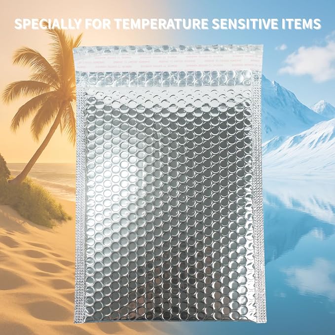 50 Pack 10x12 Inch Insulated Bubble Mailers for Cold Shipping, Silver Foil | Metallic Thermal Padded Shipping Bags with Self-seal Closure, Water-resistant and Protective Bubble Cushioning Envelopes
