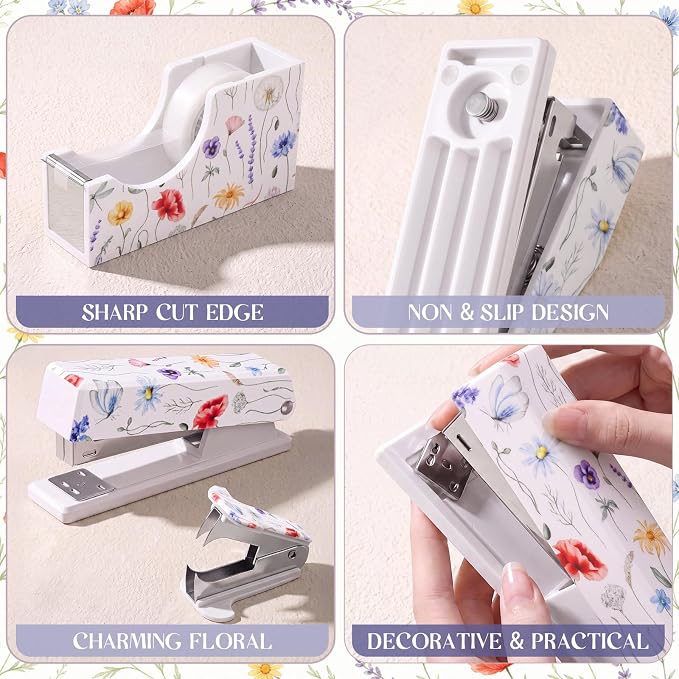 Eaasty Floral Stapler and Tape Dispenser Set for Women, Wildflower | Cute Office Supplies Set with 2 Tape Rolls, Staple Remover and 1000pcs 24/6 Staples, Teacher Desk Accessories for Women