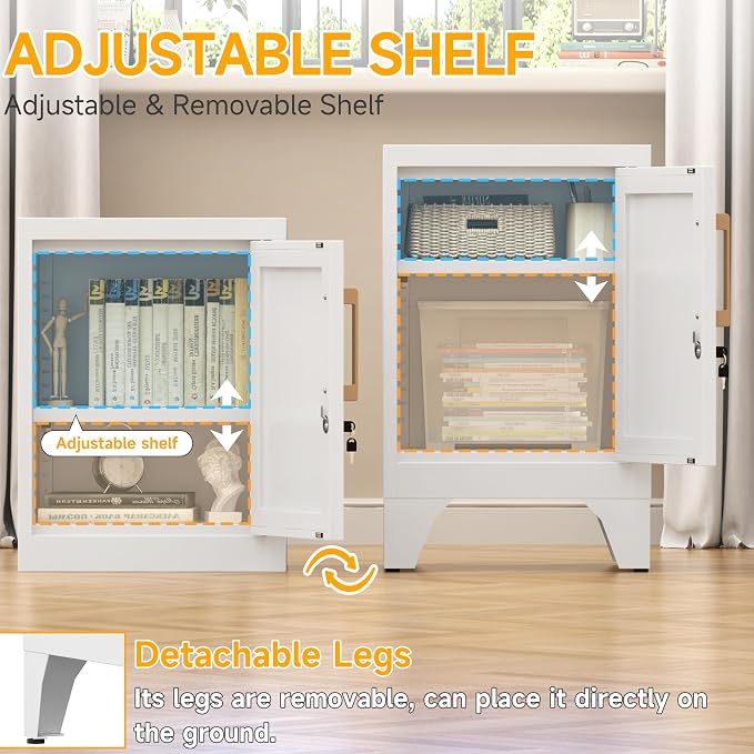 23.6" H White Metal Locker Nightstand with 1 Lockable Door and 1 Adjustable Shelf, Small Storage Cabinet with Detachable Legs and Vintage Handle for Home Office,Living Room or Bedroom,Easy Assembly