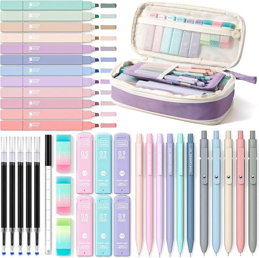 Four Candies School Supplies with Cute Pencil Case, 39ct, Purple | Back to School Stationery Set, Essentials for College & Nursing Students, 5 Gel Pens, 6 Mechanical Pencils, 12 Highlighters