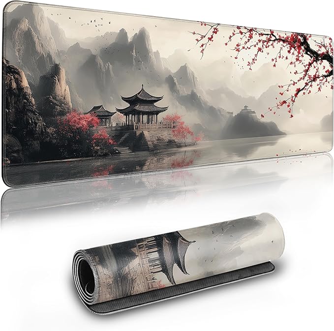 Long Gaming Mouse Pad Extended Anime Large Desk Pad with Non-Slip Base Full Keyboard Mat with Stitched Edges for Gaming and Office 31.5 x 11.8 inches (Lake Cherry Blossom)