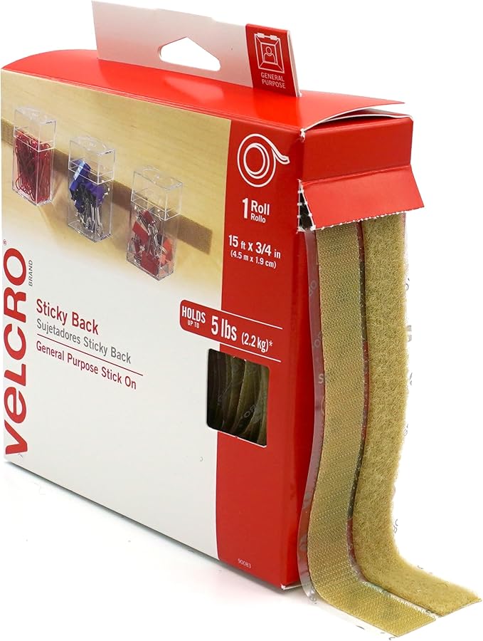 VELCRO Brand Sticky Back Tape | Beige, 15 Ft Roll | Cut to Length Hook and Loop Strips with Adhesive | Peel, Stick and Mount Items Out of the Way, Keep Home and Office Organized, 90083