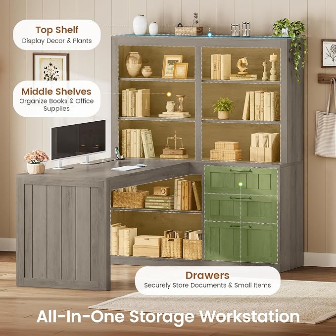 SEDETA Farmhouse L Shaped Computer Desk, 59'' Wood Office Desk with 3 Drawers and 5-Tier Bookshelf, Corner Desk with Storage Shelves and Power Outlet for Home Office Small Space, Grey
